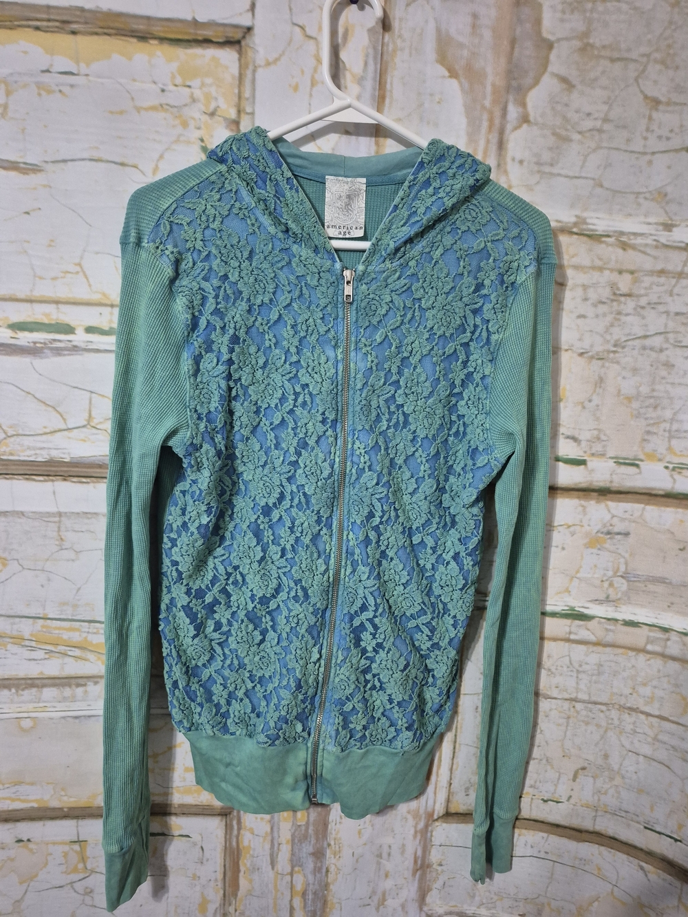 American Age Teal and Blue Crochet Zip-Front Top